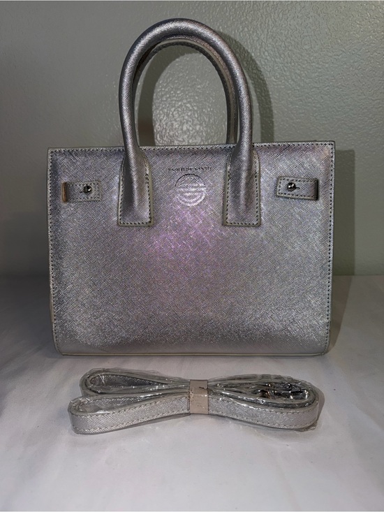 Paolo Handbags - Paolo Metallic Silver Structured Satchel with Detachable Strap